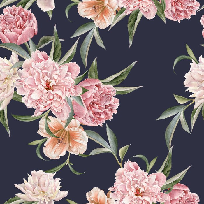 Tapete Gartenpfingstrosen und Lilien dunkelblauer Hintergrund