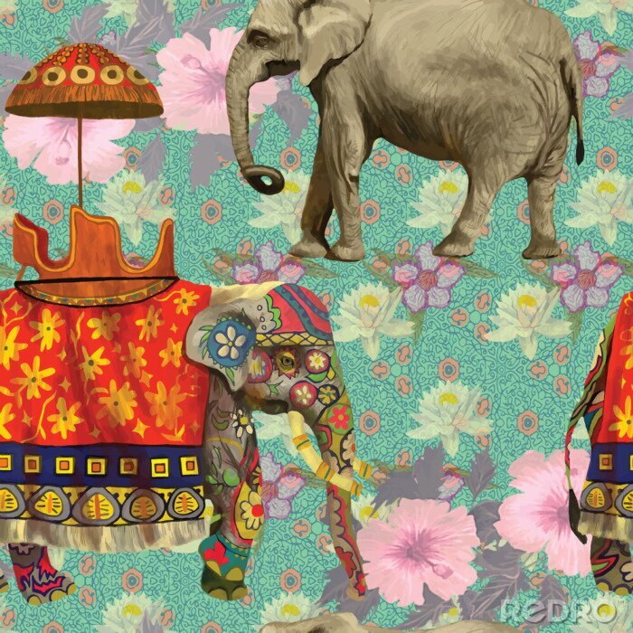 Tapete Gekleidete Elefanten aus Indien auf floralem Hintergrund