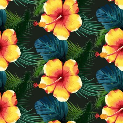 Tapete Gelbe exotische Blumen und Blätter