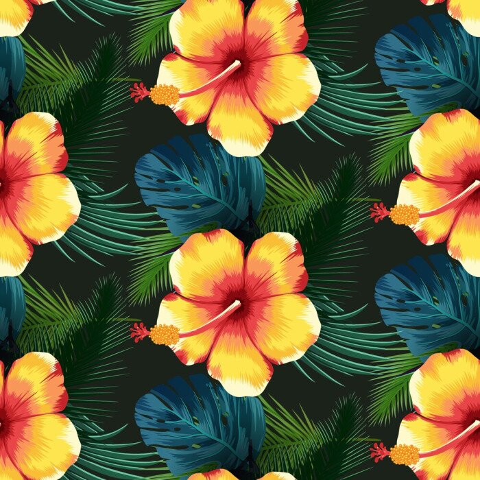 Tapete Gelbe exotische Blumen und Blätter