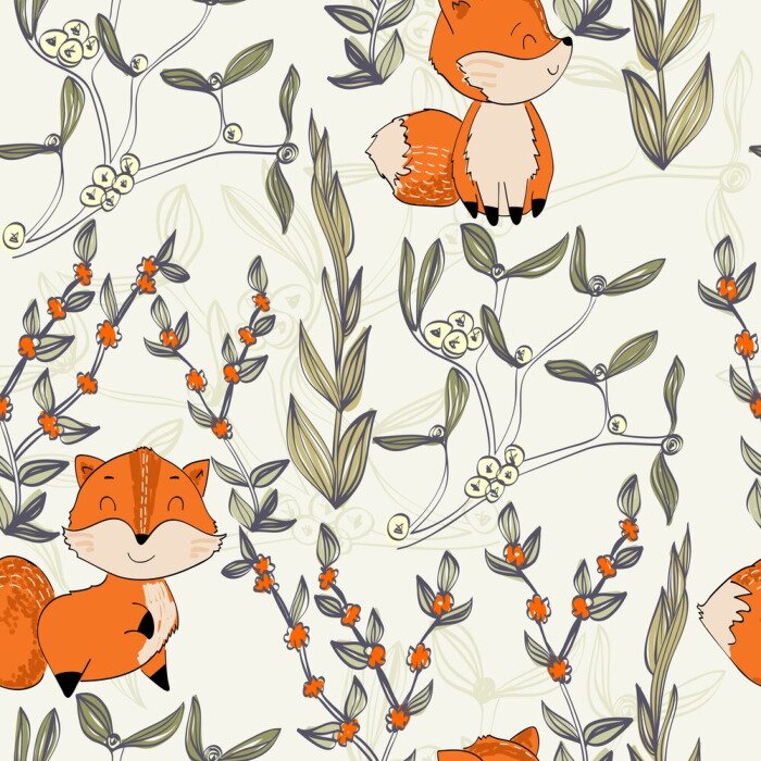 Tapete Gemalte Füchse und grüne Zweige