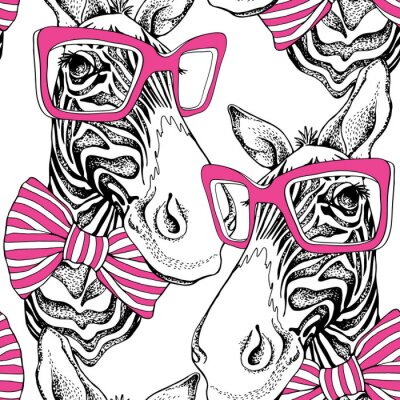 Tapete Gemalte Zebras mit rosa Brille und Schleifen
