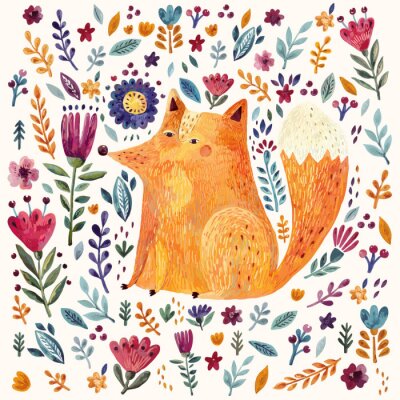 Tapete Gemalter Fuchs inmitten von bunten Blumen