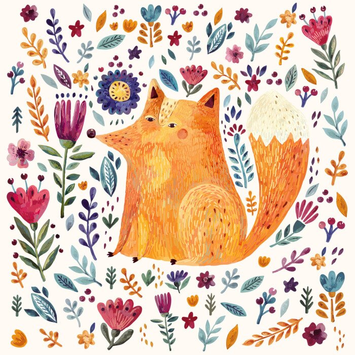 Tapete Gemalter Fuchs inmitten von bunten Blumen