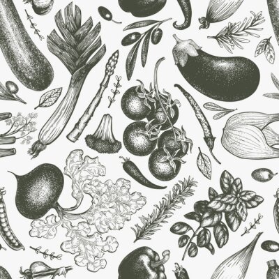 Tapete Gemüse im Retro-Stil in Grautönen