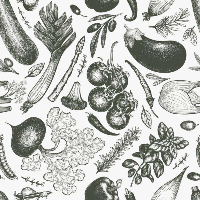 Tapete Gemüse im Retro-Stil in Grautönen