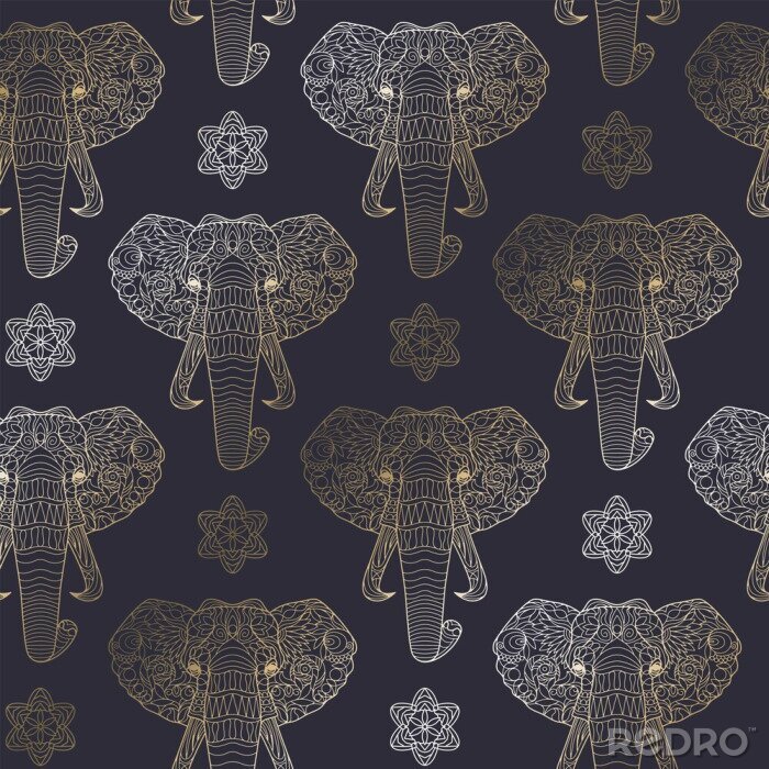 Tapete Gemusterte Elefanten auf dunklem Hintergrund