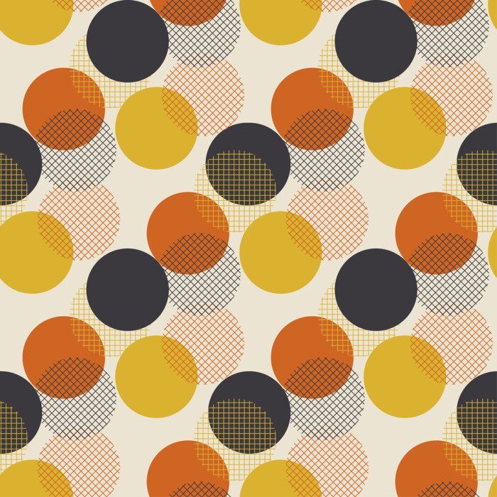Tapete Geometric circle dot seamless pattern vector illustration in retro 60s style. Vintage 1970s ball shapes abstract motif in hot orange and yellow colors for carpet, wrapping paper, fabric, background..