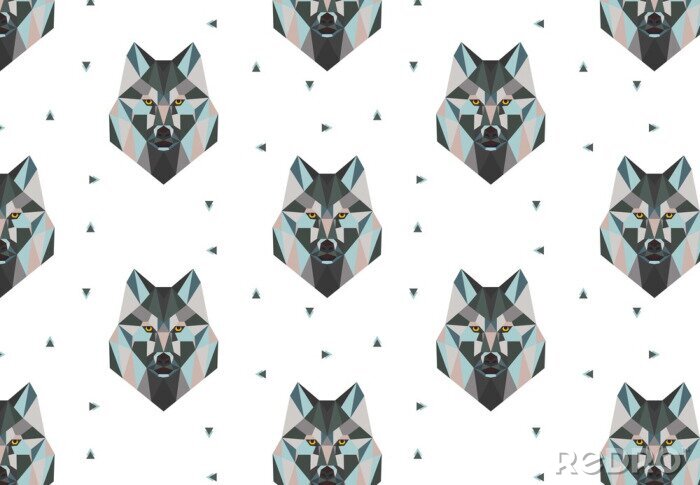 Tapete Geometrisch gefärbte Wolfsköpfe