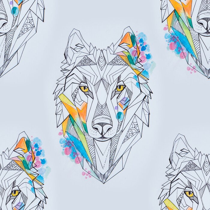 Tapete Geometrische Wolfsköpfe und Farben
