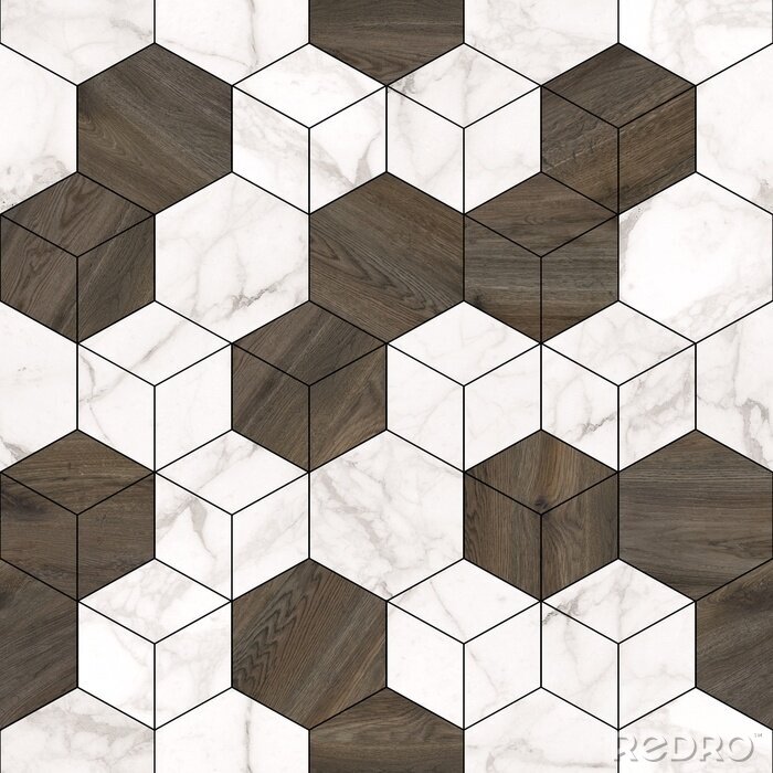 Tapete Geometrisches Muster mit Marmor- und Holzelementen