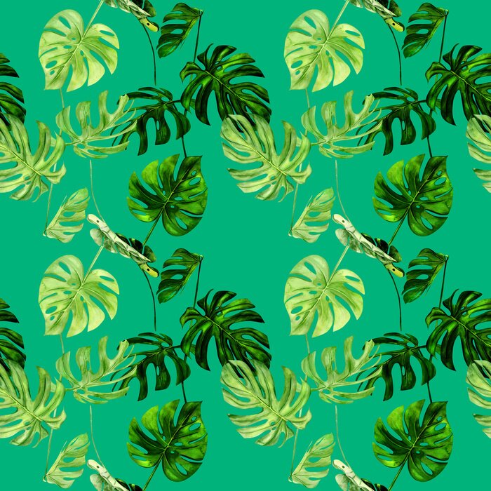 Tapete Gezeichnete exotische Pflanzen auf intensivem Grün