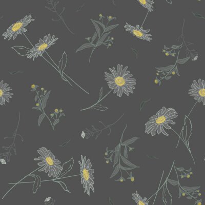 Tapete Gezeichnete Feldpflanzen auf dunklem Hintergrund