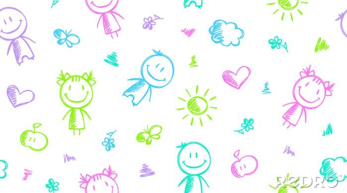 Tapete Gezeichnete Menschlein Sonne und Sterne