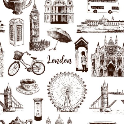 Gezeichnete nahtlose Musterskizze Londons Architektursymbolhand gezeichnete. Big Ben, Tower Bridge, roter Bus, Briefkasten, Telefonzelle. St. Paul Kathedrale