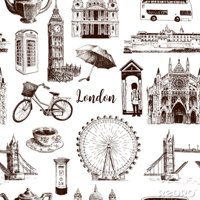 Tapete Gezeichnete nahtlose Musterskizze Londons Architektursymbolhand gezeichnete. Big Ben, Tower Bridge, roter Bus, Briefkasten, Telefonzelle. St. Paul Kathedrale