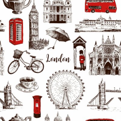 Gezeichnete nahtlose Musterskizze Londons Architektursymbolhand gezeichnete. Big Ben, Tower Bridge, roter Bus, Briefkasten, Telefonzelle, Wächter