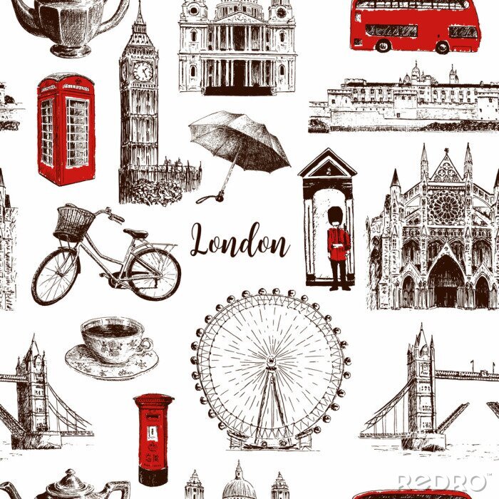 Tapete Gezeichnete nahtlose Musterskizze Londons Architektursymbolhand gezeichnete. Big Ben, Tower Bridge, roter Bus, Briefkasten, Telefonzelle, Wächter