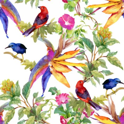 Gezeichnetes nahtloses Muster des Aquarells Hand mit schönen Blumen und bunten Vögeln auf weißem Hintergrund.