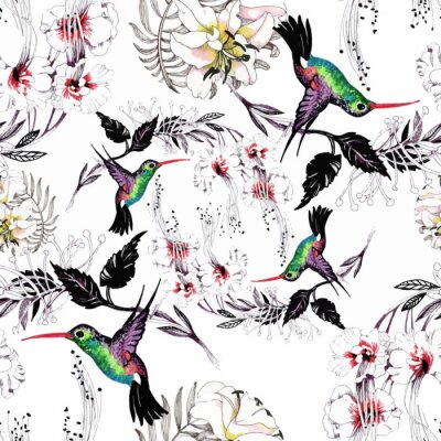 Tapete Gezeichnetes nahtloses Muster des Aquarells Hand mit schönen Blumen und bunten Vögeln auf weißem Hintergrund.