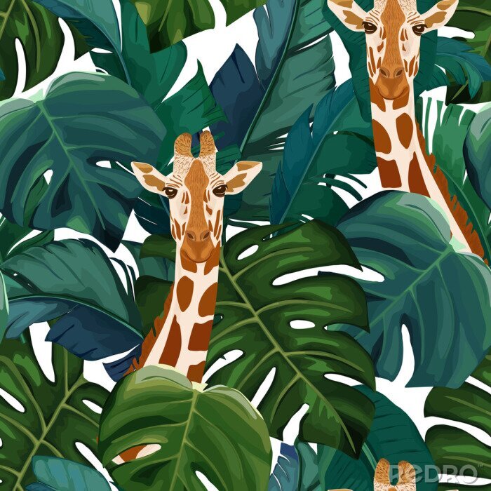 Tapete Giraffe inmitten tropischer Blätter