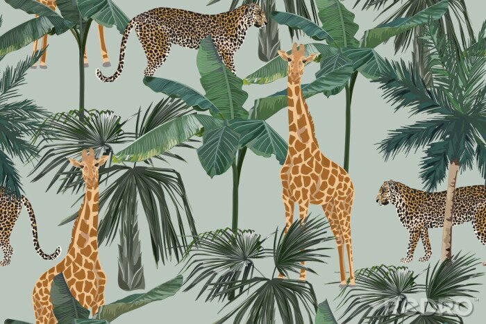 Tapete Giraffen und Leoparden zwischen Palmen
