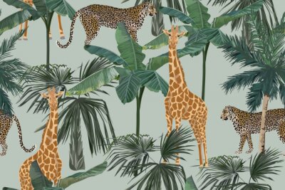 Tapete Giraffen und Leoparden zwischen Palmen
