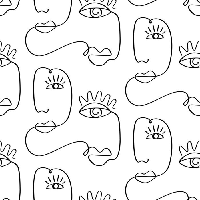 Tapete Glamour one line drawing women faces seamless pattern