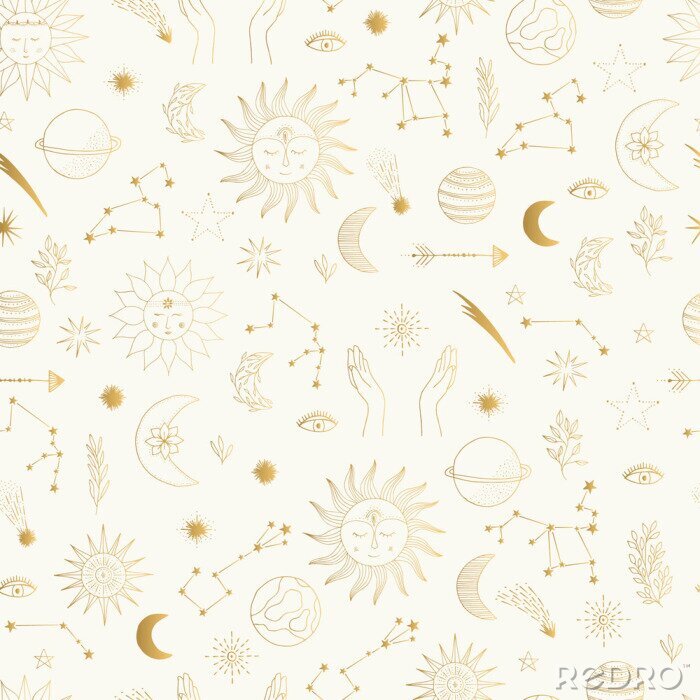 Tapete Gold foil pattern with cute hand drawn sun, planet, moon star. Mystic solar design. Vector illustration.