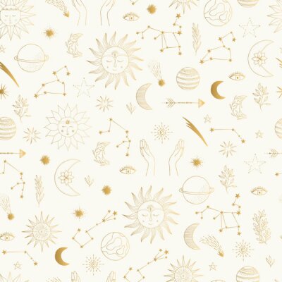 Tapete Gold foil pattern with cute hand drawn sun, planet, moon star. Mystic solar design. Vector illustration.