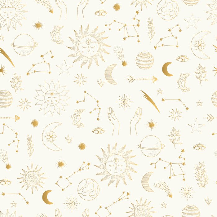Tapete Gold foil pattern with cute hand drawn sun, planet, moon star. Mystic solar design. Vector illustration.