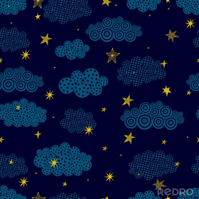 Tapete Gold stars and black clouds.. Seamless vector pattern. Seamless pattern can be used for wallpaper, pattern fills, web page background, surface textures.