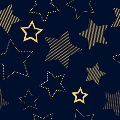 Tapete Golden simple striped and doted stars on blue geometric seamless pattern, vector