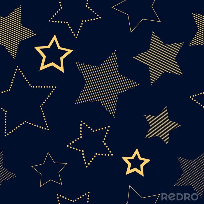 Tapete Golden simple striped and doted stars on blue geometric seamless pattern, vector