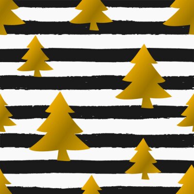 Goldene Weihnachtsbäume auf schwarzen und weißen Streifen
