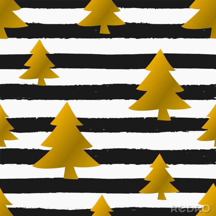 Tapete Goldene Weihnachtsbäume auf schwarzen und weißen Streifen