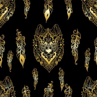 Tapete Goldimitat von Wolfsköpfen und Federn