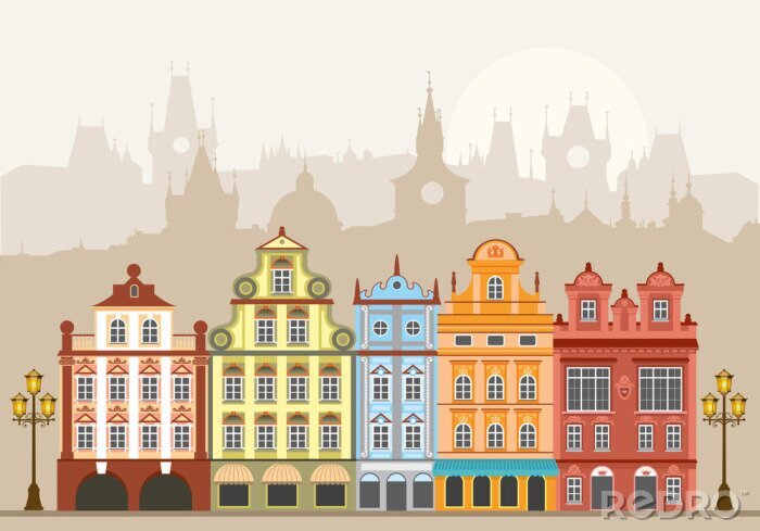 Tapete Grafik mit bunten Häusern