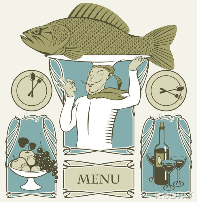 Tapete Grafik mit Koch und großem Fisch