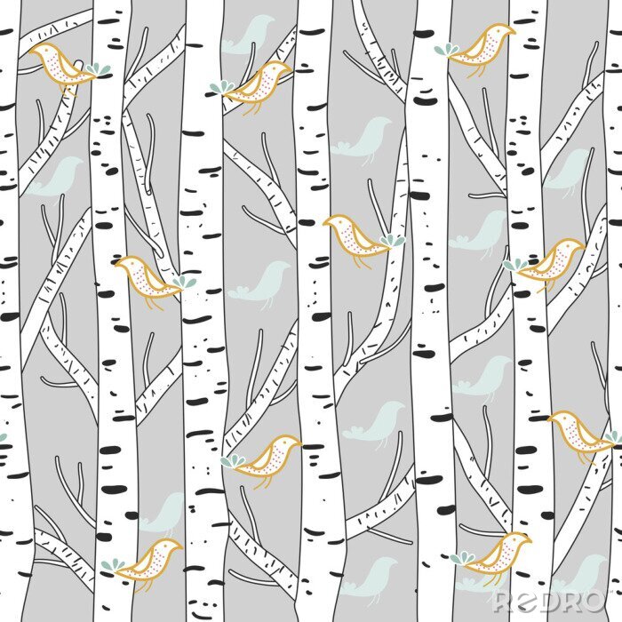 Tapete Grafik mit Vögeln und Birken