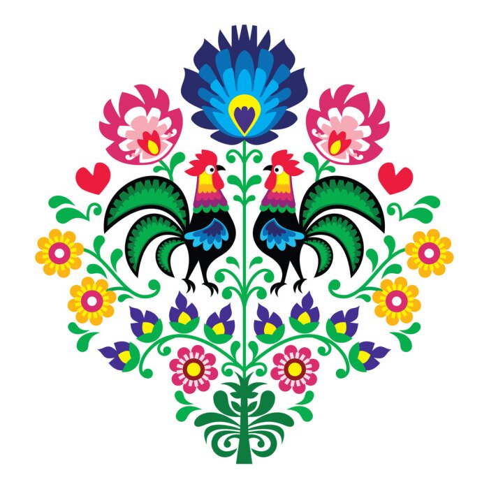 Tapete Grafiken im volkstümlichen Stil mit Hähnen und Blumen