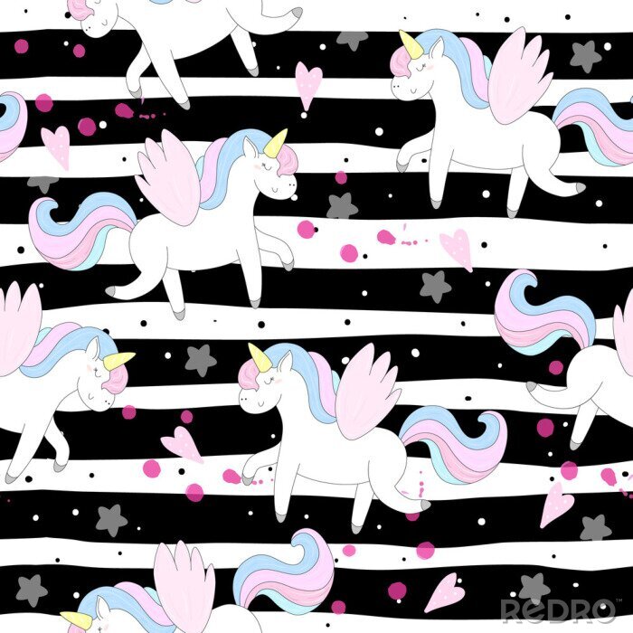 Tapete Grafiken mit Einhörnern auf gestreiftem Hintergrund