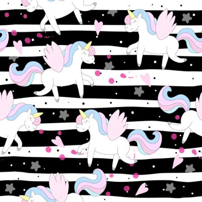 Tapete Grafiken mit Einhörnern auf gestreiftem Hintergrund