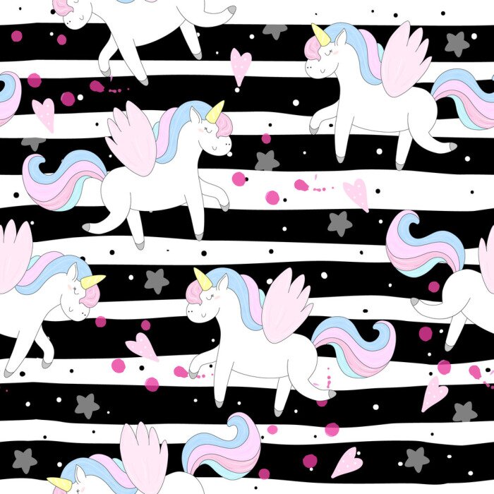 Tapete Grafiken mit Einhörnern auf gestreiftem Hintergrund