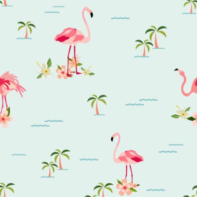 Tapete Grafische Flamingos auf einem Palmenmuster