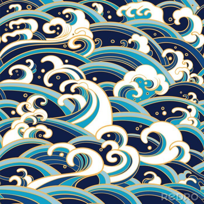 Tapete Grafische japanische blaue und weiße Wellen
