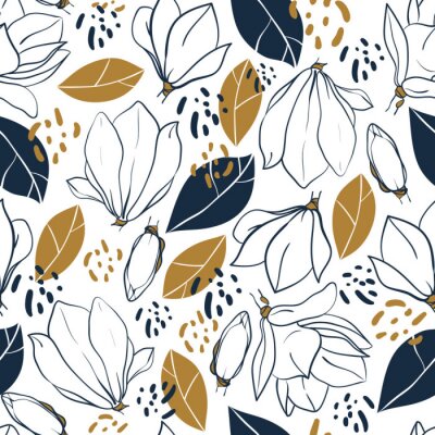 Grafische Magnolienblumen, Knospen, Blätter und Dschungelflecken. Vector trendy nahtlose Muster in tiefblau und Senf Farben.