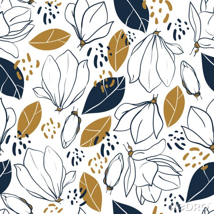 Tapete Grafische Magnolienblumen, Knospen, Blätter und Dschungelflecken. Vector trendy nahtlose Muster in tiefblau und Senf Farben.