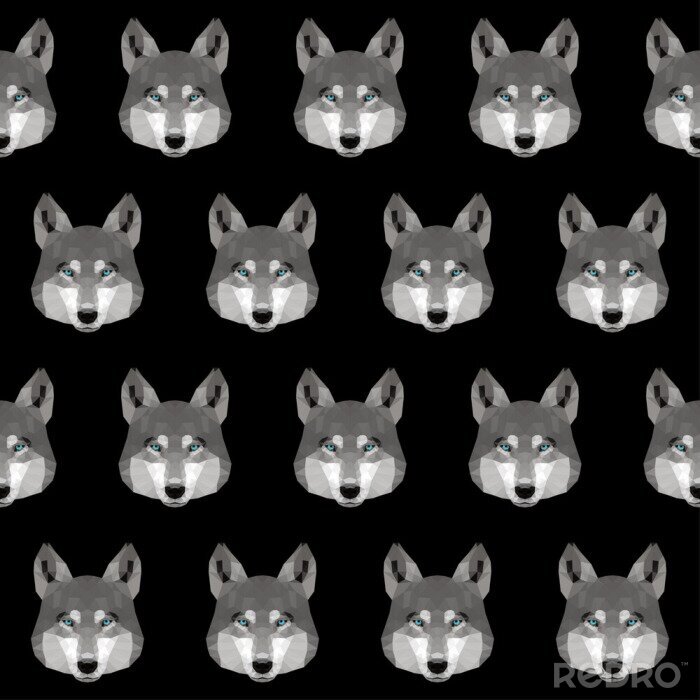 Tapete Grafische Wolfsköpfe auf schwarzem Hintergrund