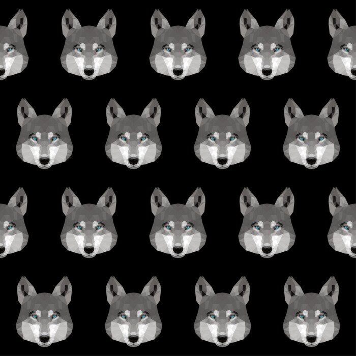 Tapete Grafische Wolfsköpfe auf schwarzem Hintergrund